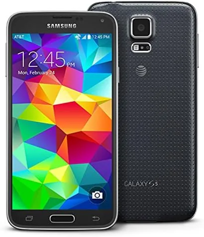 Black Galaxy S5 next to a modern budget phone for comparison