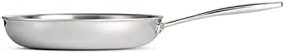 Close up of the riveted stainless steel handle and tri-ply rim of the pan