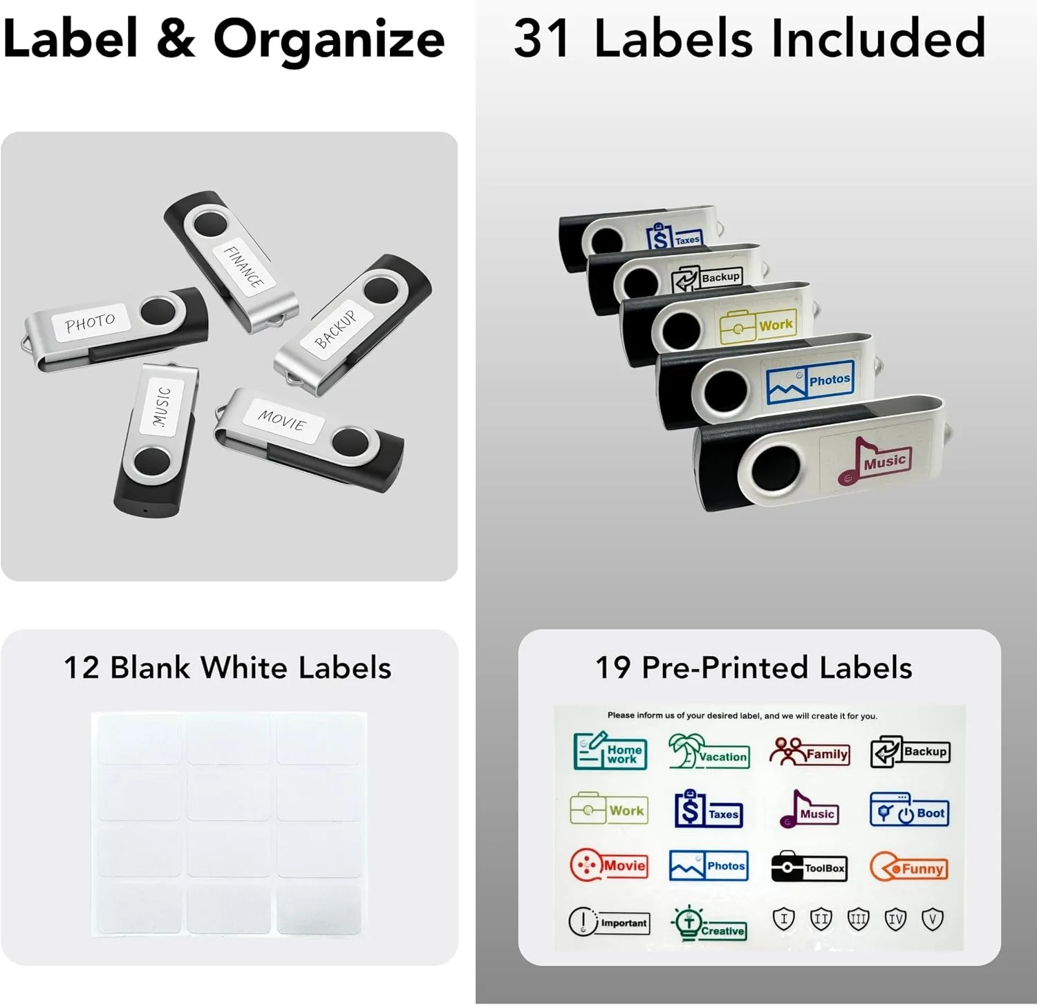 Labeled Enfain flash drives laid out next to a keyboard and a conference badge