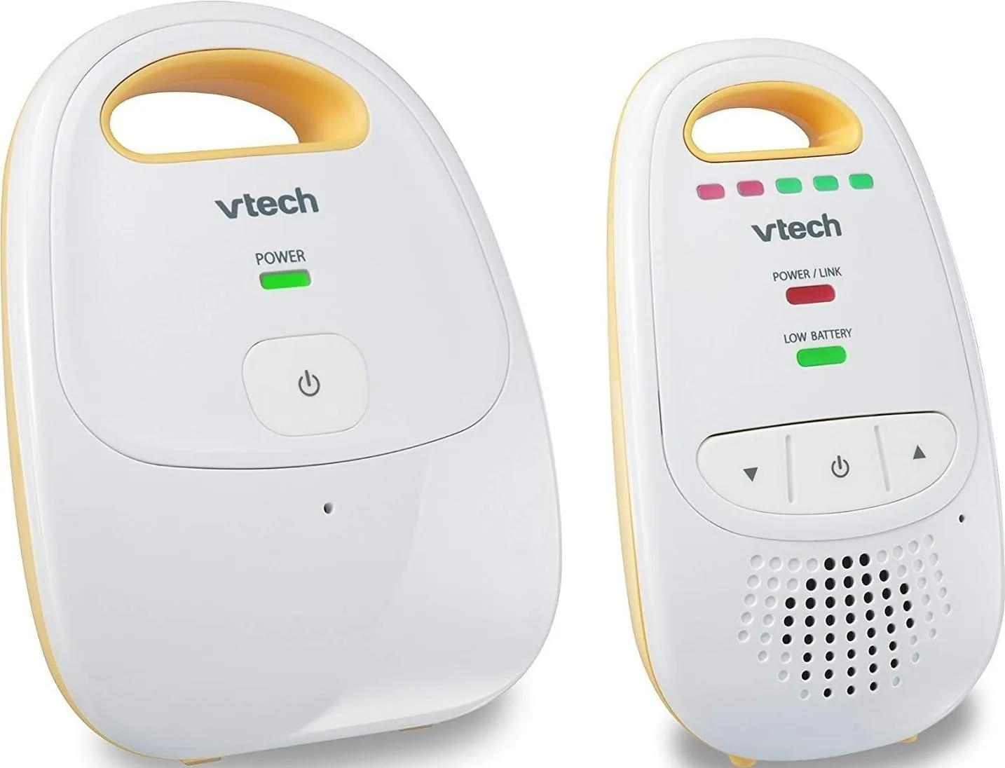 The VTech DM111 baby unit and parent unit sitting side by side on a dresser