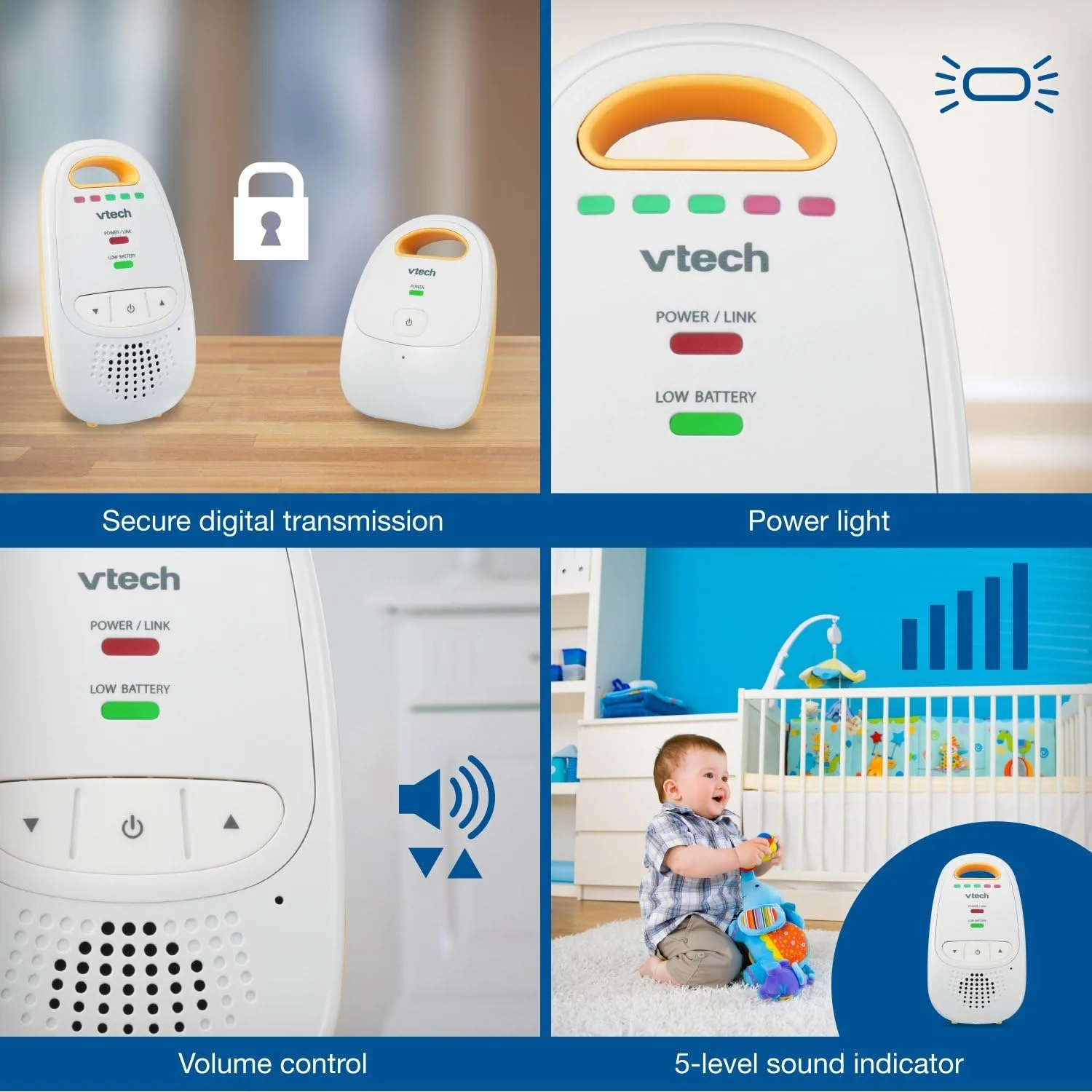 The DM111 compared beside an analog monitor and a WiFi video baby camera