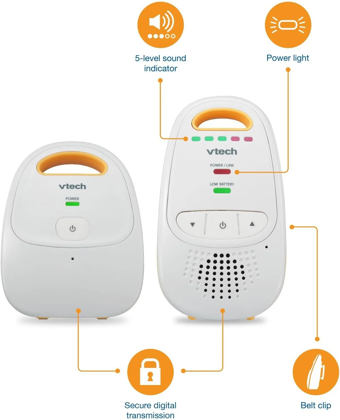 A parent holding the VTech DM111 parent unit while watching over a sleeping baby