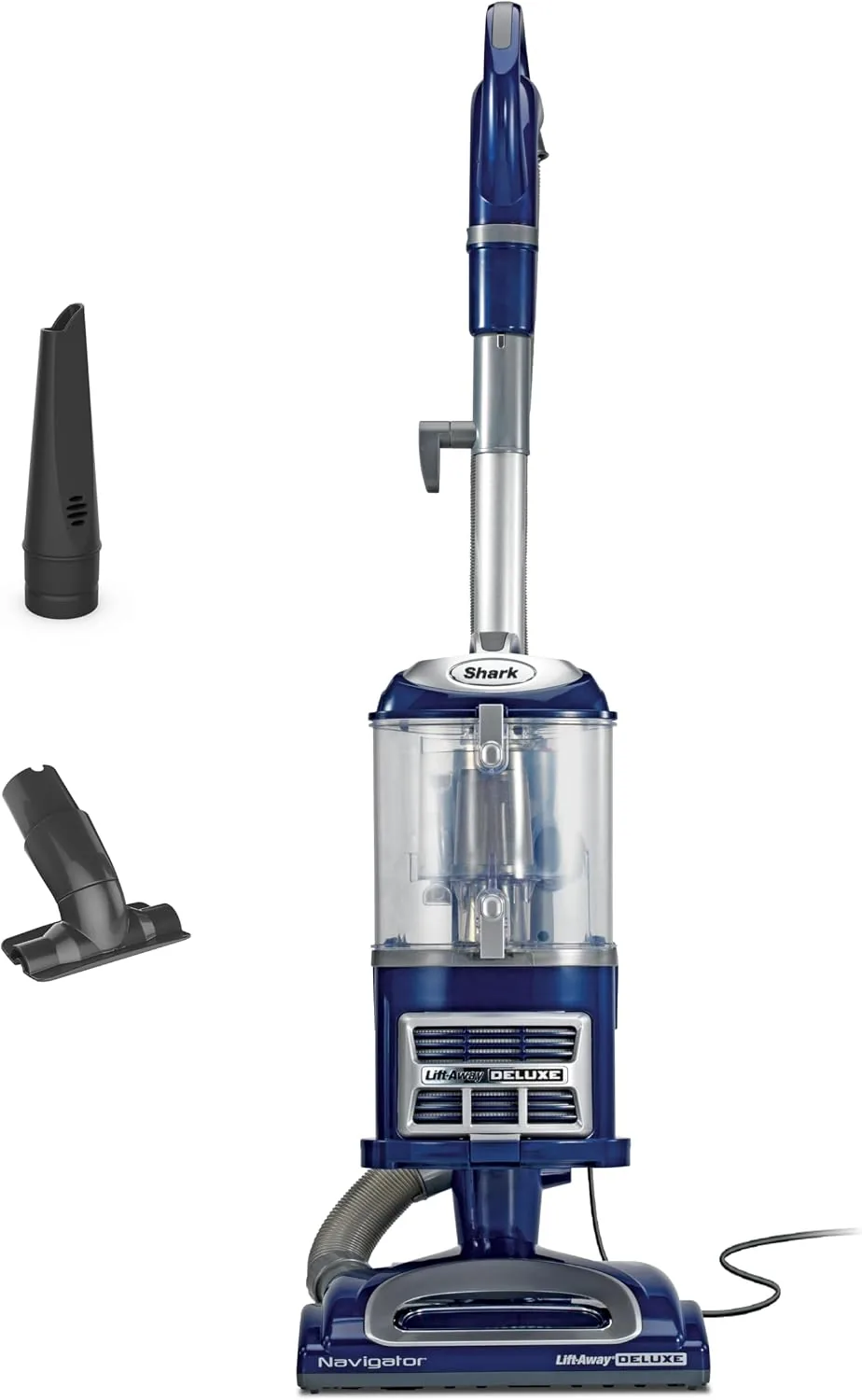 The Shark Navigator NV360 upright in a living room with a dog visible in the background