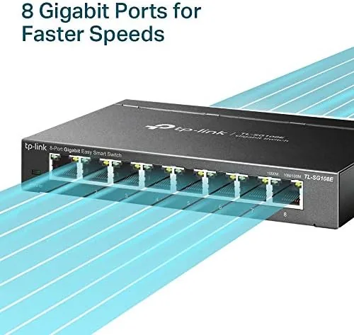 Web management interface of the TL-SG108E showing port settings