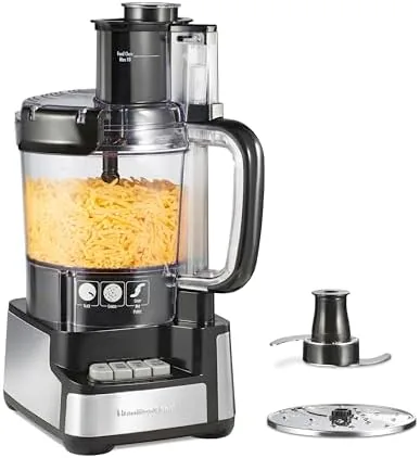 Hamilton Beach 12 cup Stack and Snap food processor assembled on a counter