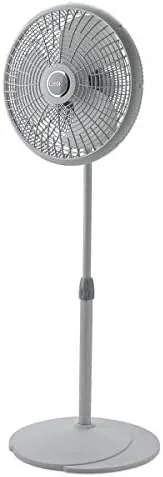 The Lasko 2526 pedestal fan standing at full height in a living room