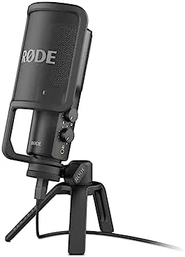 The RØDE NT-USB microphone on its tripod with the pop filter attached