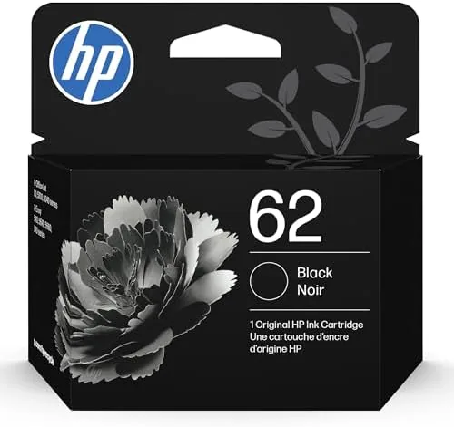 HP 62 black ink cartridge held above the print slot of an Envy printer