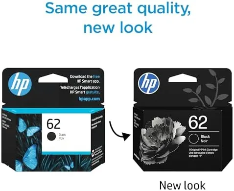 A freshly installed HP 62 black cartridge inside the open front of an Envy printer