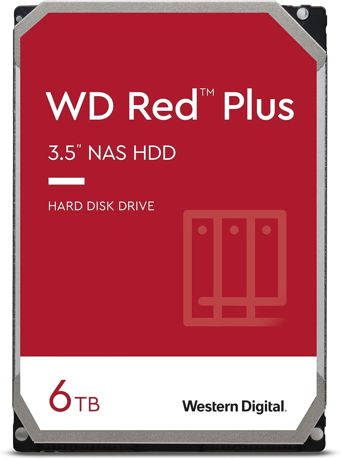 The Western Digital 6TB WD Red Plus drive held in a hand with the label visible