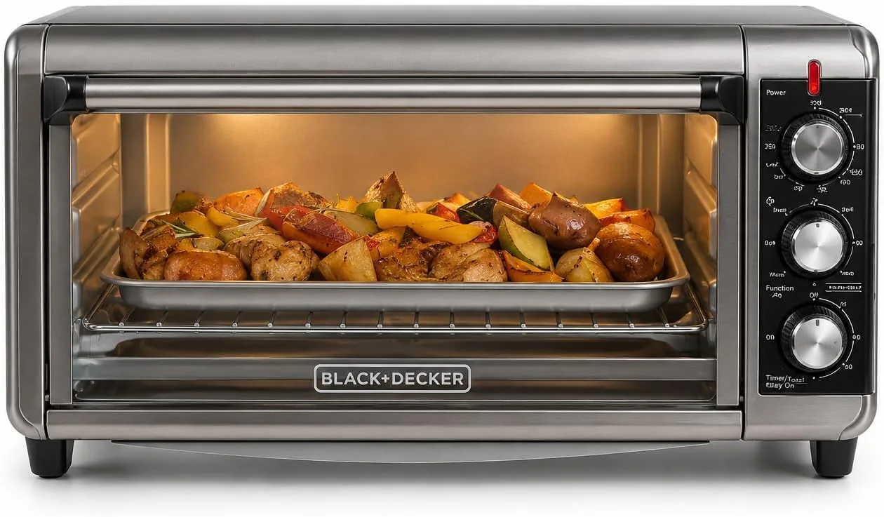 The BLACK+DECKER TO3250XSBD toaster oven on a kitchen counter with the door open