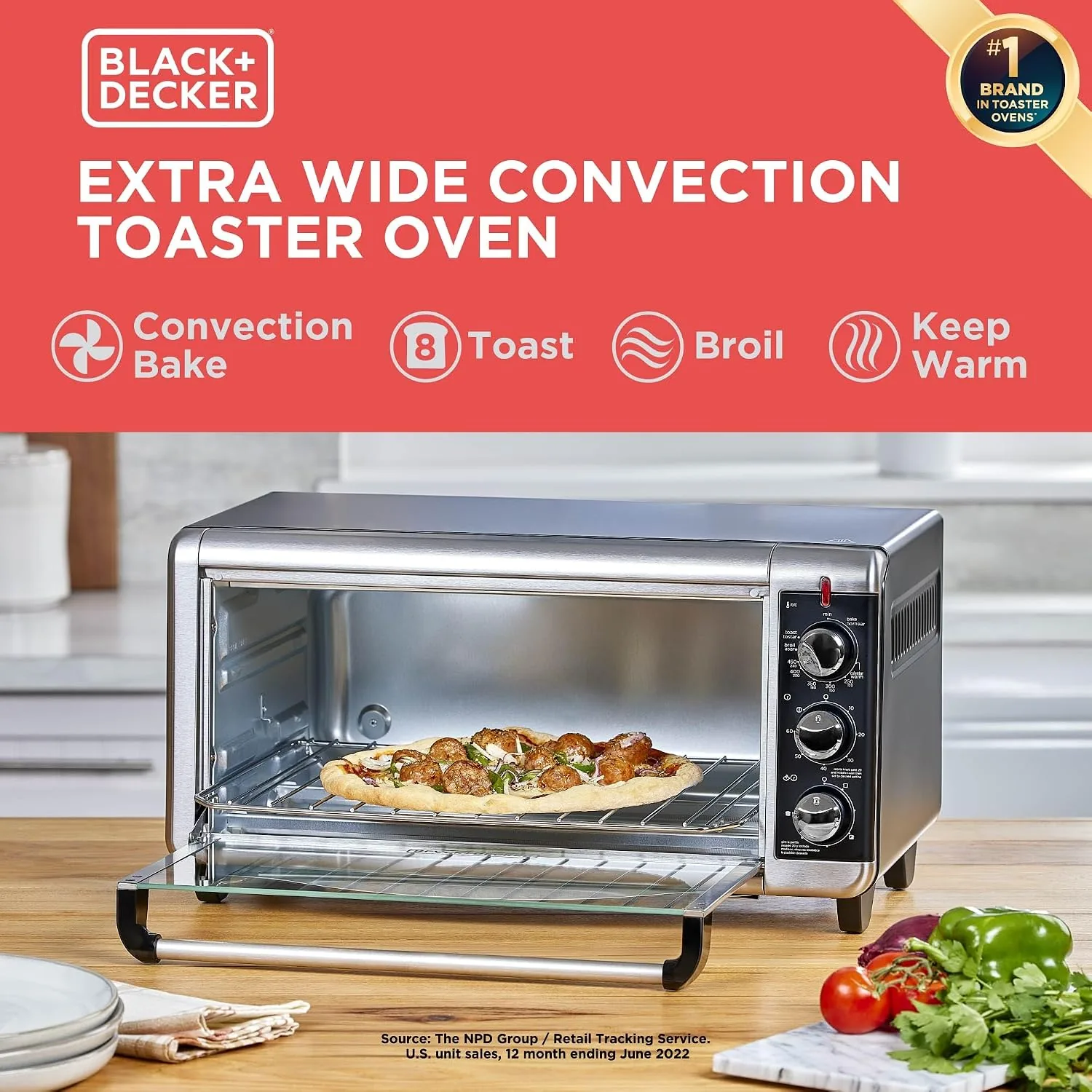 Close up of the dials and control panel on the BLACK+DECKER toaster oven