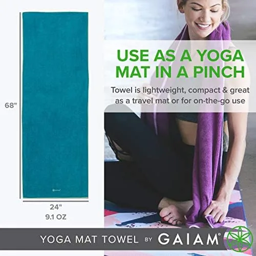 The Gaiam Yoga Mat Towel, Orchid/Citron in real use