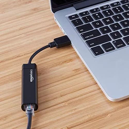 The Amazon Basics USB 3.0 to 10/100/1000 Gigabit Ethernet Internet Adapter in real use