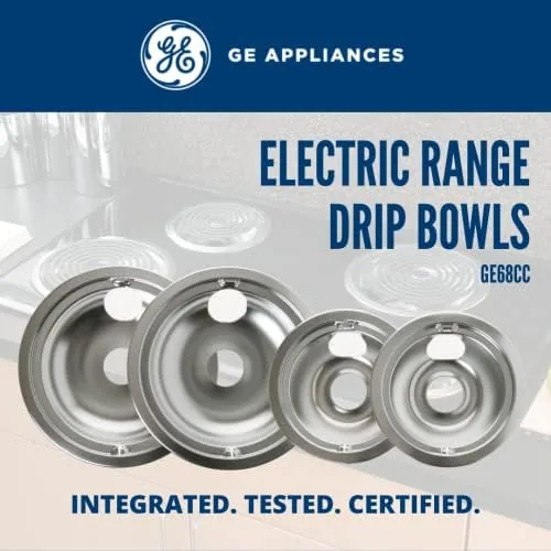 A GE drip pan being installed under a lifted burner coil on an electric range