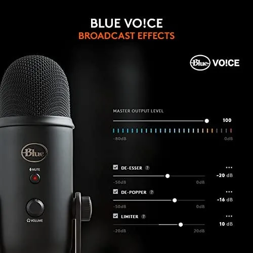 A podcaster seated at a desk with the Blue Yeti positioned in front of them