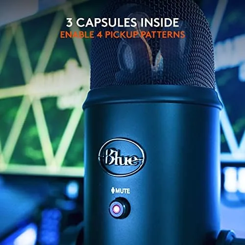 Unboxing the Blue Yeti showing the microphone, manual, and USB cable