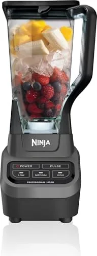 Ninja Professional Blender BL610 with the 72 ounce pitcher filled with a smoothie