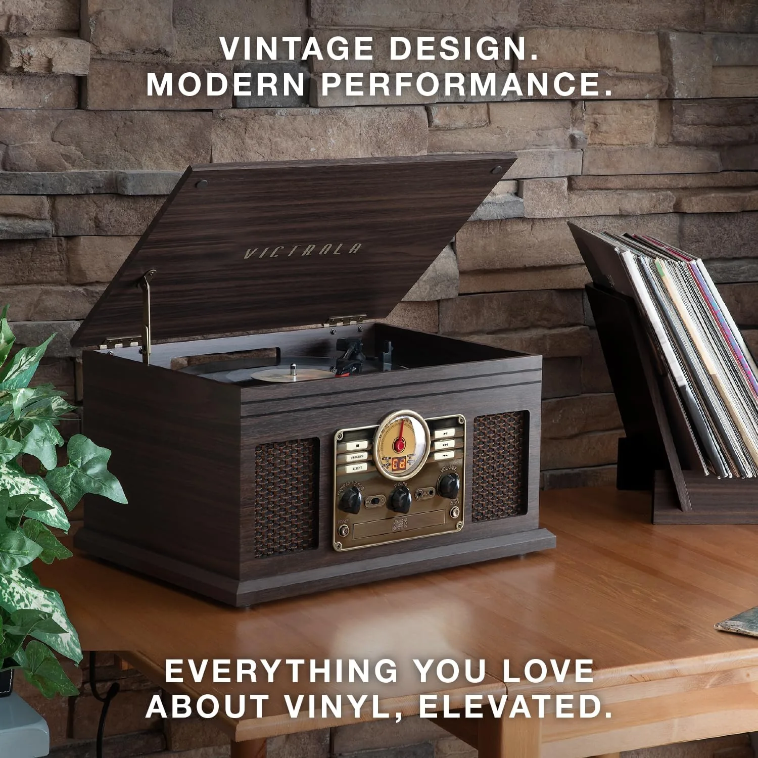 The Quincy next to a budget turntable and a premium turntable with speakers