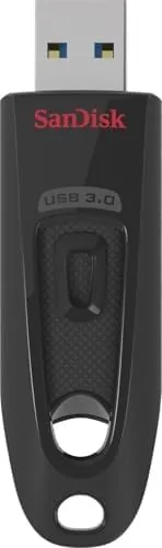 The SanDisk Ultra 128GB USB 3.0 flash drive next to its packaging