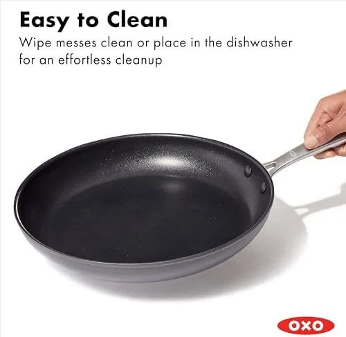 OXO ceramic skillet next to a traditional nonstick pan