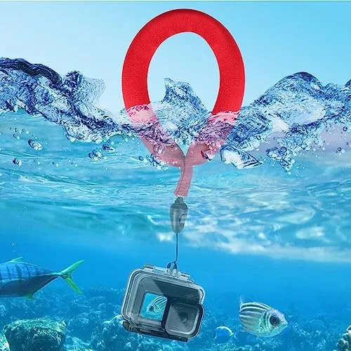 A person gathering the floating camera and handle from the lake surface