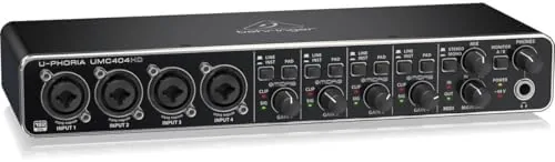 The Behringer UMC404HD interface on a desk with cables connected