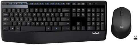 Overhead view of the Logitech MK345 full size wireless keyboard with palm rest