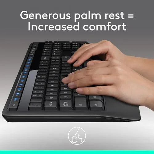 The Logitech MK345 compact wireless mouse beside the keyboard