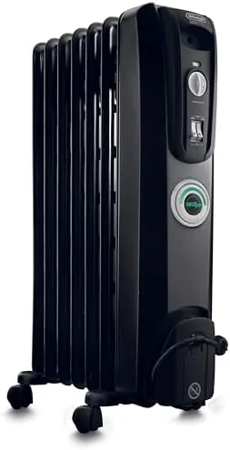 The De'Longhi oil filled radiator heater standing on its casters in a room