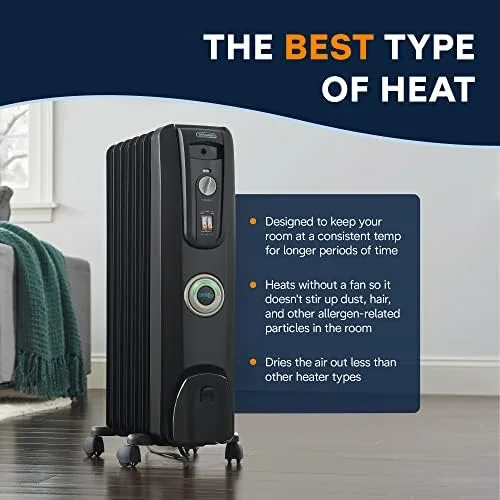 The heater with the thermostat dial set and the indicator light glowing