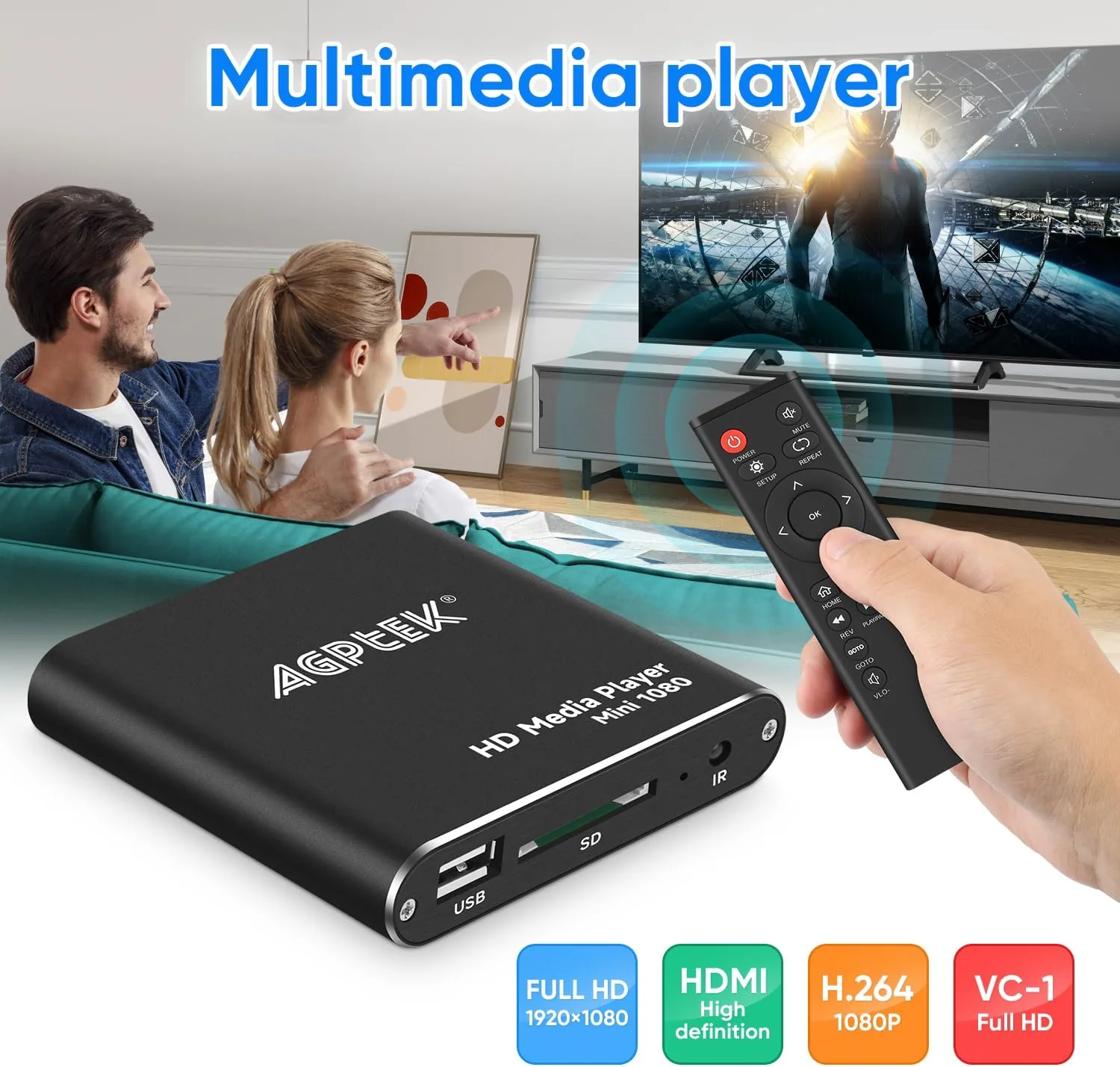 Mini HDMI media player ports including USB and SD slot
