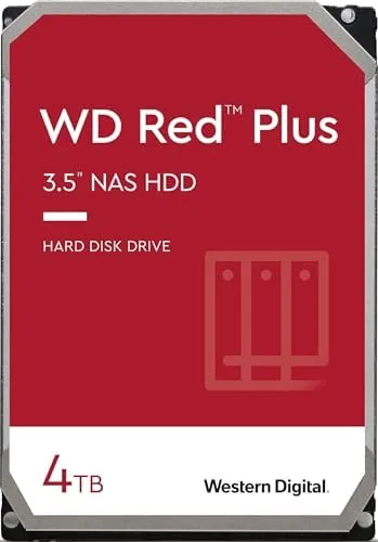 The WD Red Plus 4TB drive held in a hand showing the label