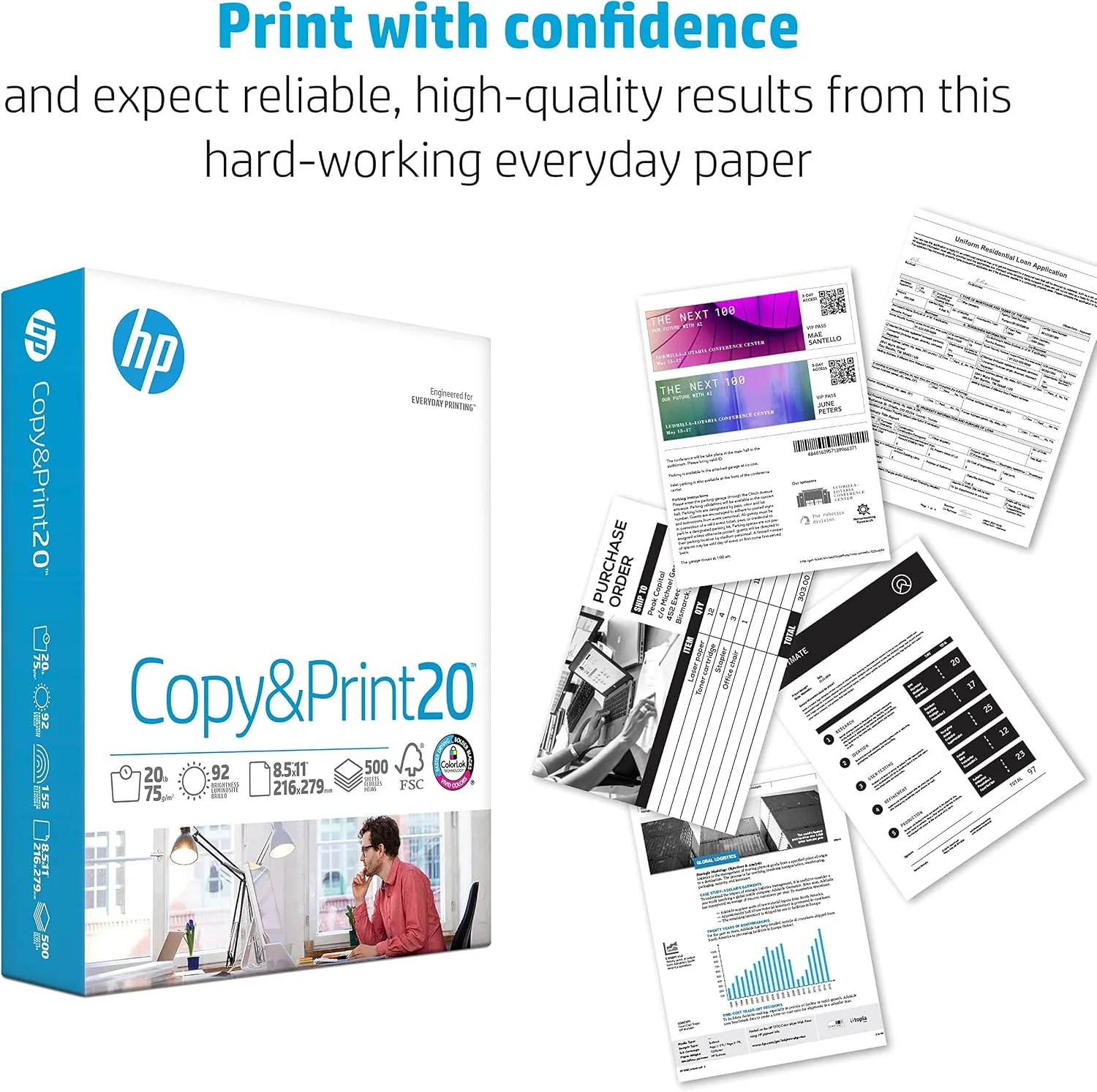 The HP paper case opened to show the stack of individual reams