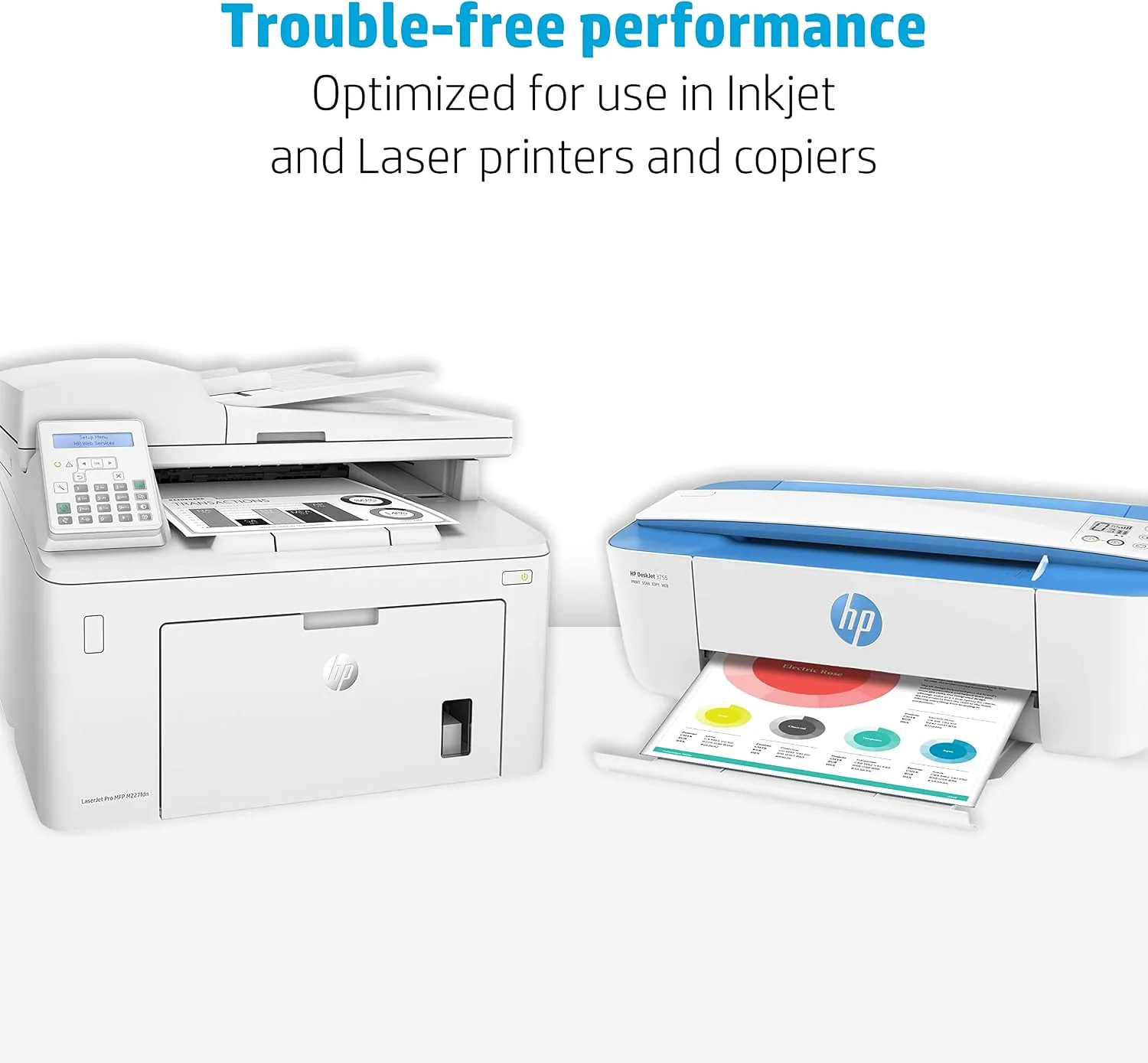 Printed pages stacked at the output tray of a laser printer