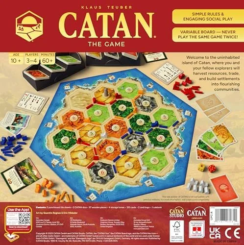 The assembled CATAN island board with settlements and roads in play