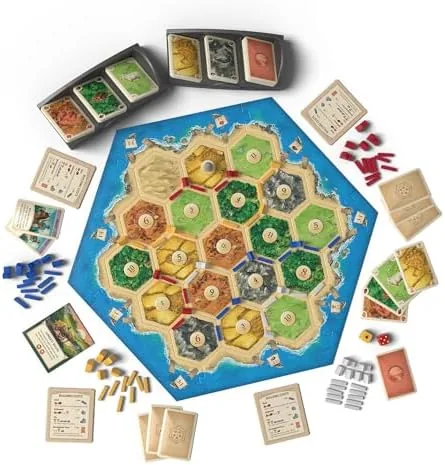 Players trading resource cards across the table during a game