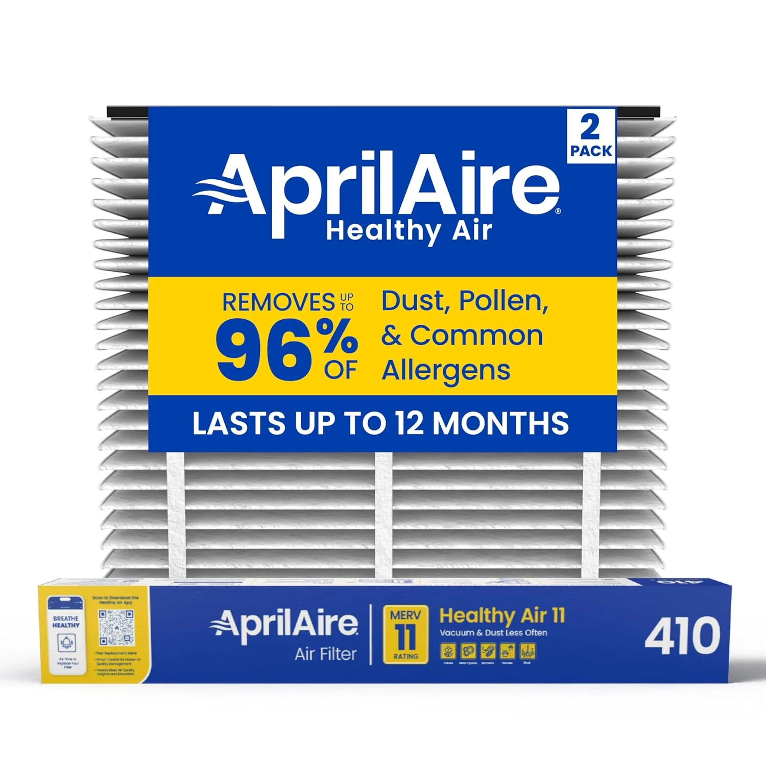 Two AprilAire 410 filters with their packaging on a garage workbench