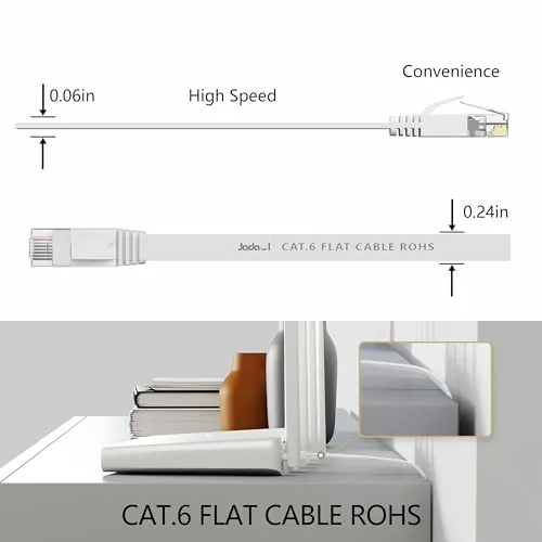 Flat cable running along a baseboard under a rug edge in a hallway