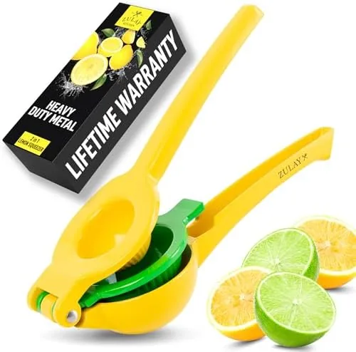 Zulay metal 2 in 1 lemon squeezer with lemons and limes