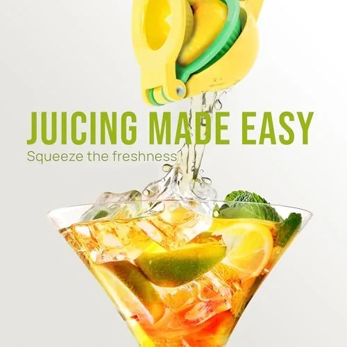 Lemon juice being squeezed into a glass through the Zulay strainer