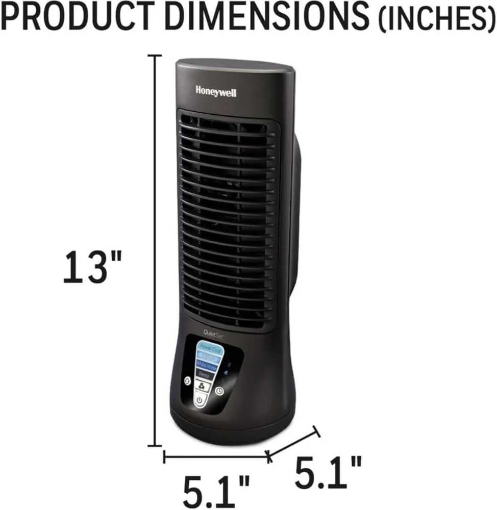 Honeywell QuietSet fan running on a low setting beside a bed at night