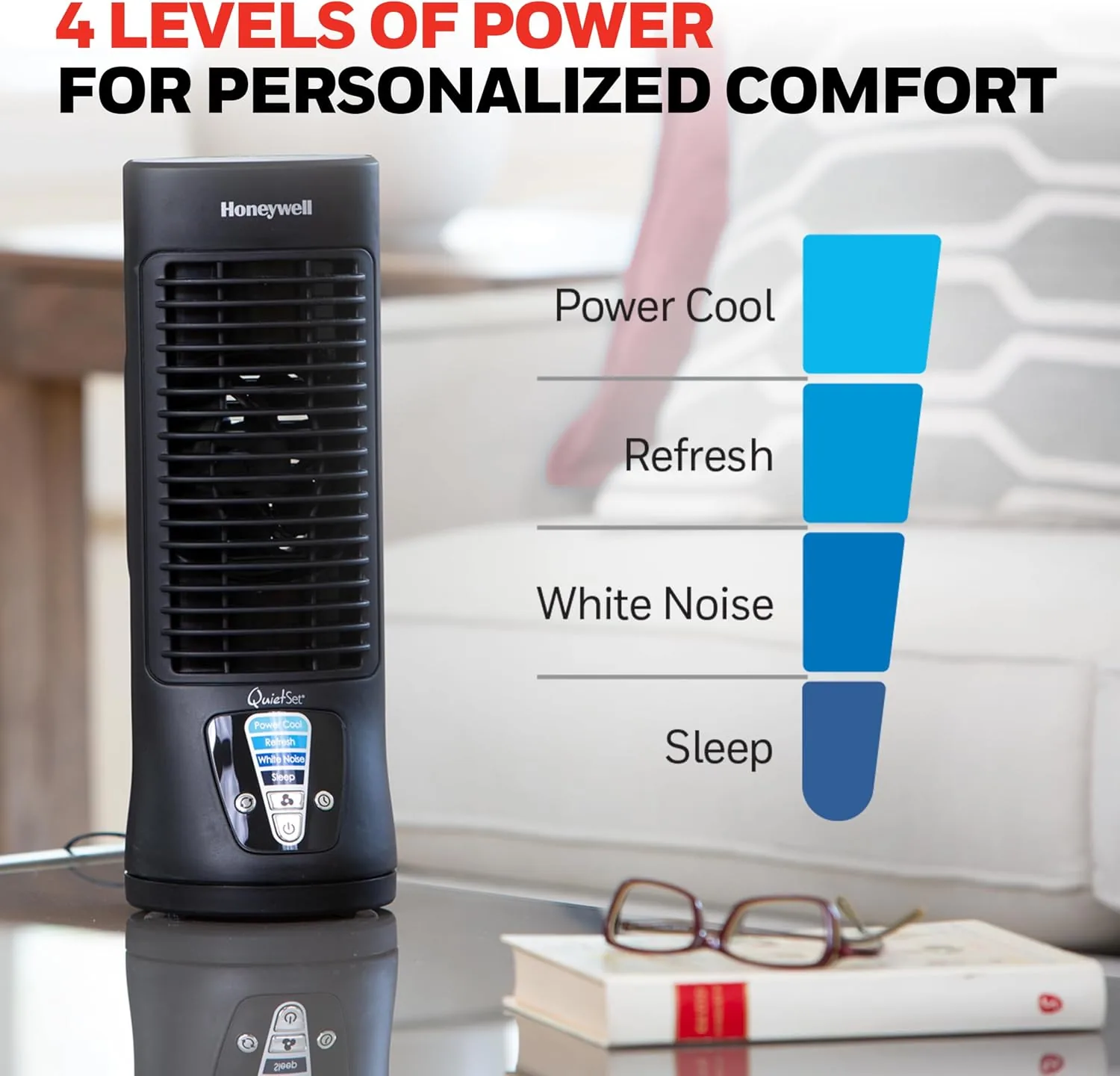 Honeywell QuietSet fan placed on a home office desk beside a monitor