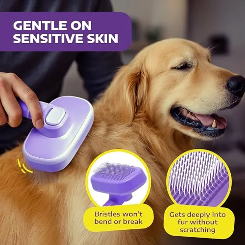 Dog owner brushing a medium sized dog on a porch with the Hertzko brush