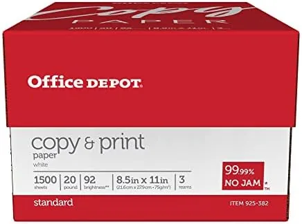 A laser printer mid job with sheets of Office Depot paper feeding cleanly