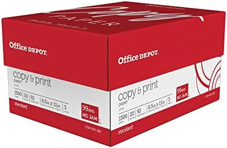 A stack of printed pages on Office Depot paper beside the original three ream case