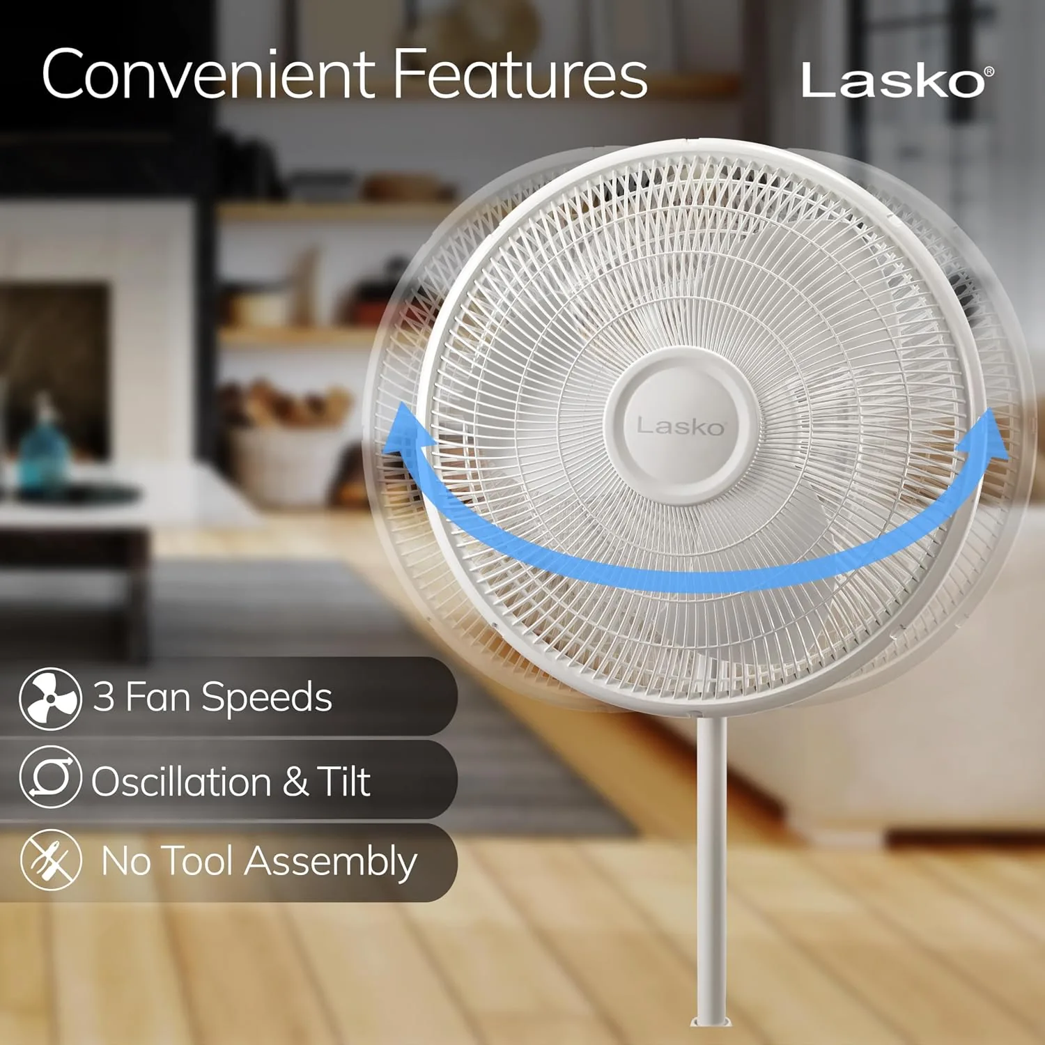 The Lasko 2520 running in a bedroom with the fan set to a low speed at night