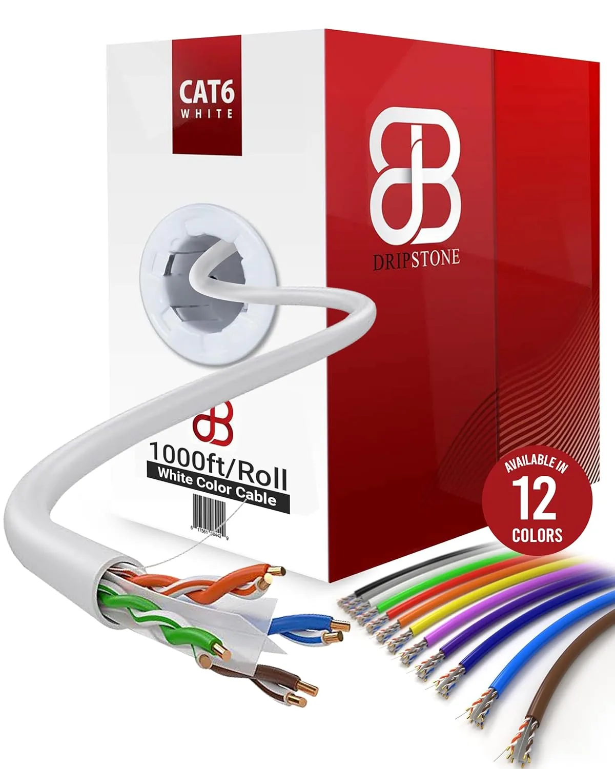 A box of Dripstone CAT6 bulk ethernet cable with white cable coming out of the easy pull box