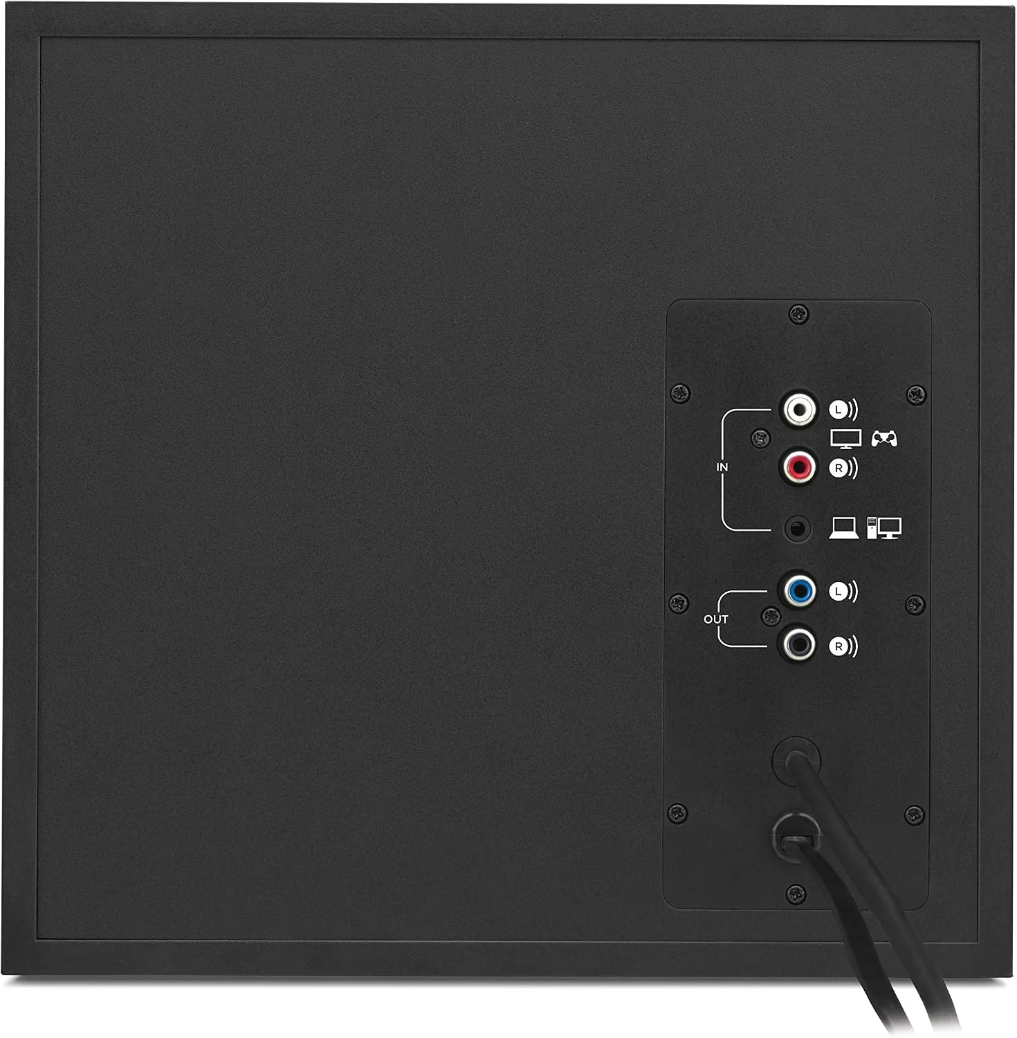 The Logitech Z533 control pod with the volume and bass knobs in close up
