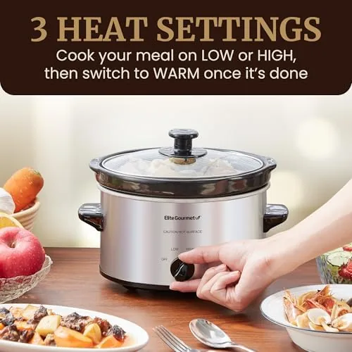 The slow cooker full of stew with the glass lid in place